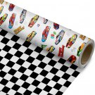 Race Car Reversible Wrapping Paper – 17.5"x33 ft, Checkered Flag Design