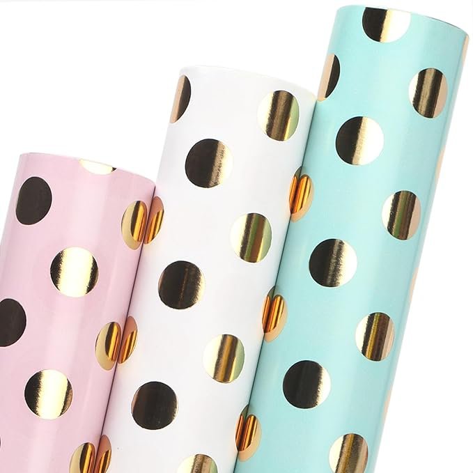 Polka Dot Birthday Wrapping Paper &acirc;�� 3 Rolls Pink, Blue, Gold Foil, 17"x120 in