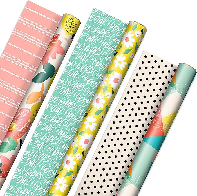 Reversible Spring Wrapping Paper &acirc;�� 3 Rolls Floral, Lemon & Abstract (75 Sq. Ft.)