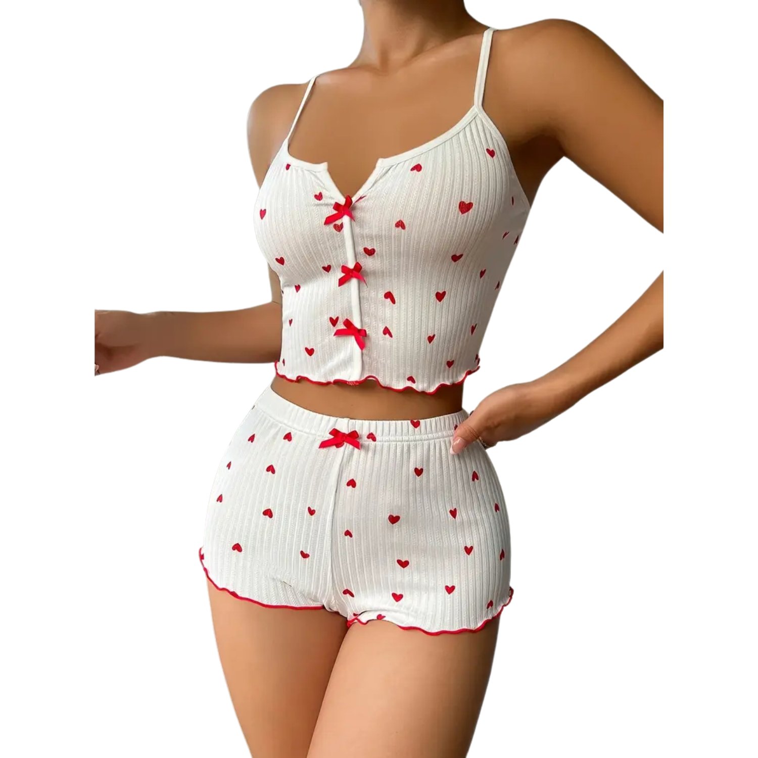 Women&acirc;��s Cute Pajama Set &acirc;�� Heart Print Top & Shorts with Bow Tie Suspenders