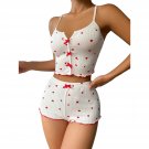 Women’s Cute Pajama Set – Heart Print Top & Shorts with Bow Tie Suspenders