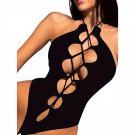 Women’s Black Halter One-Piece Swimsuit – Backless, High Cut, Glossy Finish