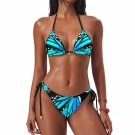 Women’s Butterfly Print Bikini – Blue & Black Lace-Up, High Stretch Swimwear