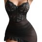 Sexy Lace Mesh Corset Babydoll &acirc;�� Ruffle Floral Sheer Lingerie Dress with Thong