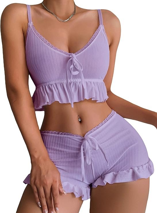Women&acirc;��s 2-Piece Pajama Set &acirc;�� Ruffle Trim Tie-Front Cami Top & Shorts Sleepwear