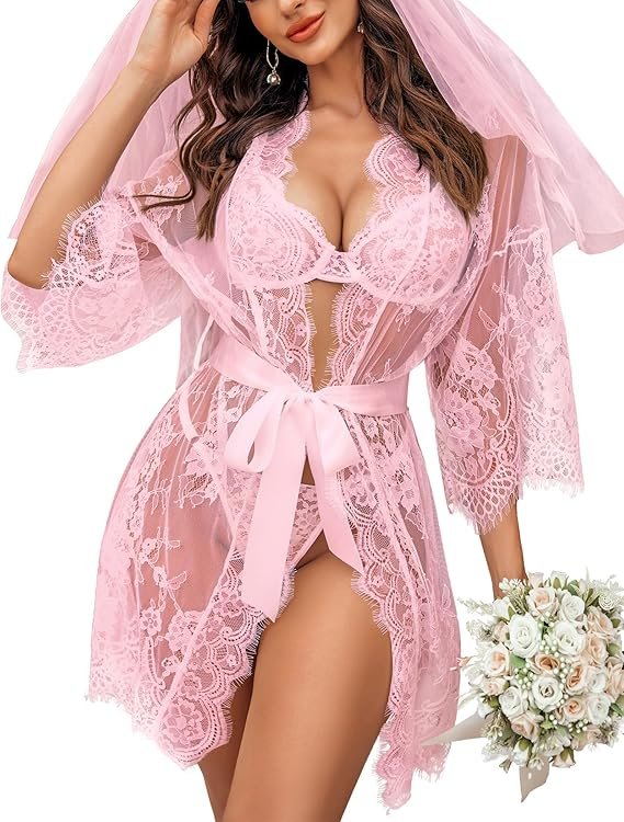 Women&acirc;��s Lace Kimono Robe &acirc;�� Sheer Mesh Babydoll Lingerie Nightgown Sleepwear