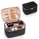 Large black travel makeup bag—portable cosmetic organizer with handle & divider.