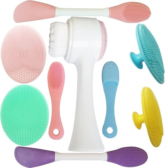 9-in-1 silicone face scrubber set with soft cleansing brushes and massager