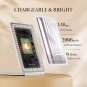 Portable travel makeup mirror with LED lights, time/temp display, and rechargeable battery.