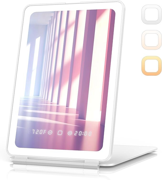Portable travel makeup mirror with LED lights, time/temp display, and rechargeable battery.