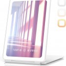Portable travel makeup mirror with LED lights, time/temp display, and rechargeable battery.
