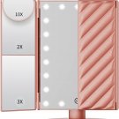 Trifold LED vanity mirror with 2X/3X/10X magnification, touch dimming, rose gold