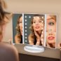 Tri-fold vanity mirror with 21 LED lights, 1x/2x/3x magnification, touch screen, white