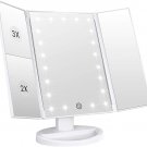 Tri-fold vanity mirror with 21 LED lights, 1x/2x/3x magnification, touch screen, white