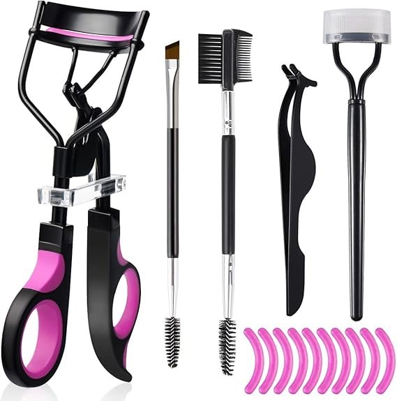 Eyelash curler & eyebrow brush kit with comb, tweezers, brushes & 10 silicone refills