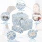 Large Quilted Makeup Bag Set, Floral Cotton Cosmetic & Toiletry Organizer (Blue Flower)