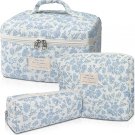Large Quilted Makeup Bag Set, Floral Cotton Cosmetic & Toiletry Organizer (Blue Flower)