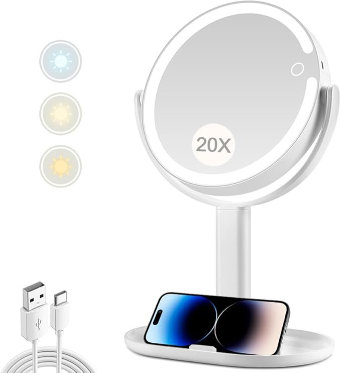 20X Lighted Makeup Mirror, 3 Color Touch Vanity Mirror, Double-Sided 8.8