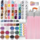 Nail Art Kit with Brushes Dotting Tools Glitter Foil Flakes and Rhinestone