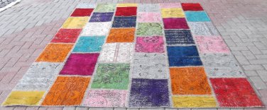 Multi-color PATCHWORK Rug Handmade from OVERDYED Vintage Turkish Carpets 83''x121'' (211cm x306cm)