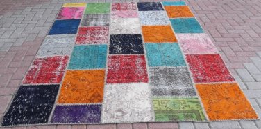 Multi-color PATCHWORK Rug Handmade from OVERDYED Vintage Turkish Carpets 69''x95,5'' (175cm x 243cm)