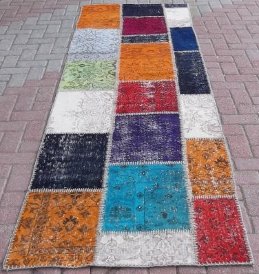 Multi-color PATCHWORK Rug Handmade from OVERDYED Turkish Rug Runner 35''x119'' (89cm x 305cm)