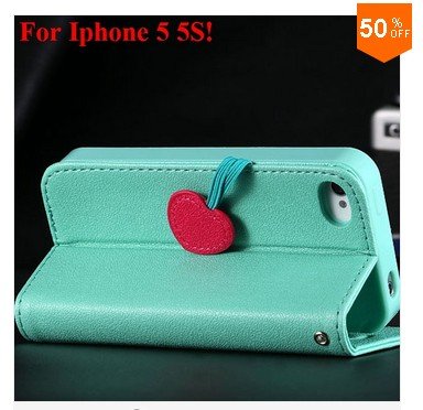 Cherry Heart Stand Case for iPhone 5 5S 5G PU Leather Wallet (color 3