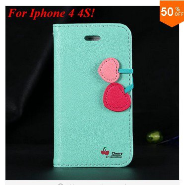 Cherry Heart Stand Case for iPhone 4 4s 4g PU Leather Wallet (color 4