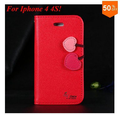 Cherry Heart Stand Case for iPhone 4 4s 4g PU Leather Wallet (color 5