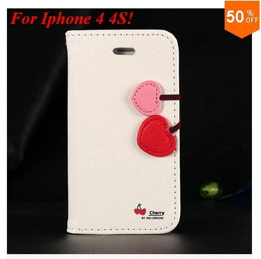 Cherry Heart Stand Case for iPhone 4 4s 4g PU Leather Wallet (color 6