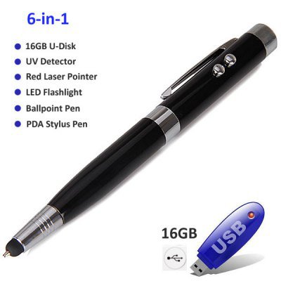 16GB 6-in-1 Ballpoint Pen Shaped Design U Disk with Ballpoint Pen/Laser/Money Detector Pen