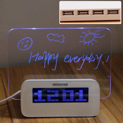 New Arrival Multifunction 4 Port USB Blue LED Hub with Alarm Clock and Memo Board