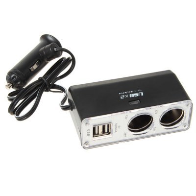 WF0030 Portable Twin Socket and 2 USB Car Charger with 12V /24V Output (Black)