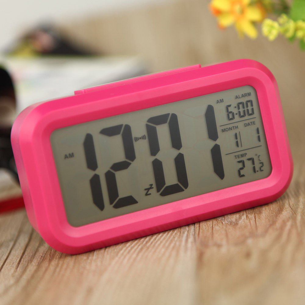 Digital LCD Snooze Electronic Alarm Clock W LED Backlight Light Control Rose Red