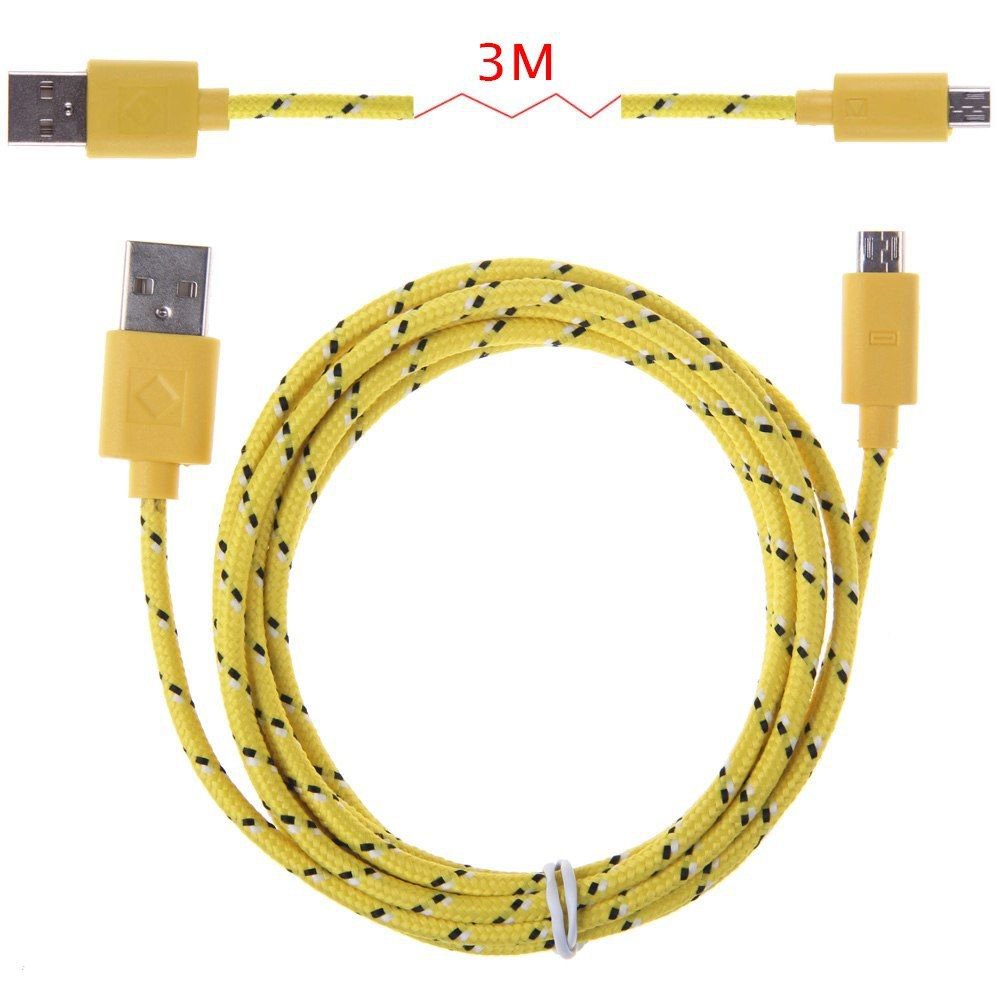 3M Hemp Rope Micro USB Charger Charging Sync Data Cable Cord fr Cell Phone(COLOR YELLOW