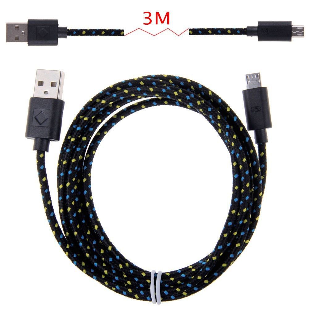 3M Hemp Rope Micro USB Charger Charging Sync Data Cable Cord fr Cell Phone(COLOR BLACK