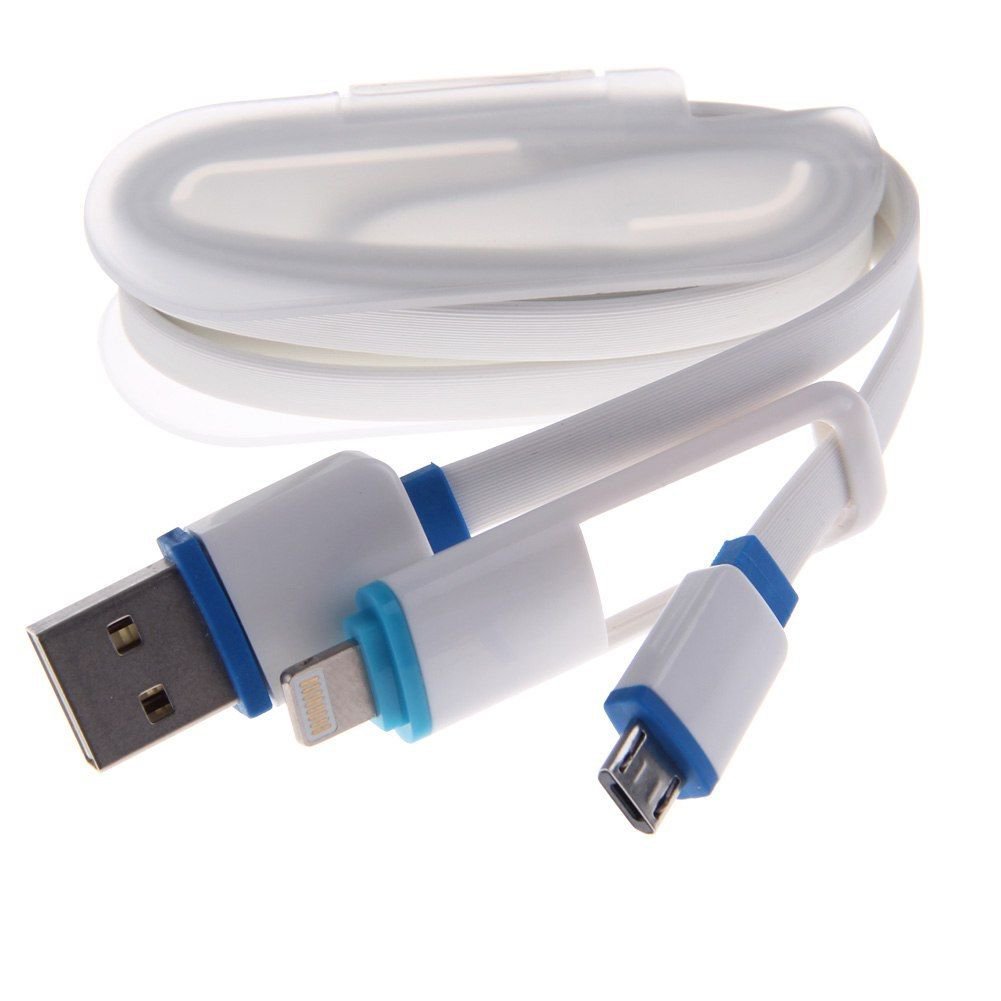 2in1 Micro USB Data Sync Charger Flat Cable for iPhone 6 5S 5C 5 Samsung HTC LG( COLOR WHITE
