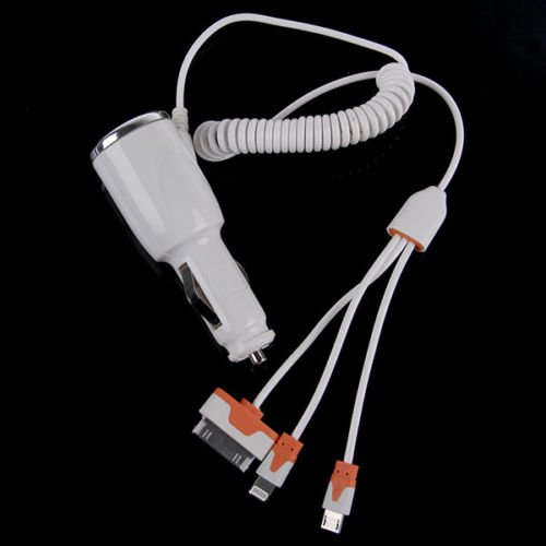 3 in 1 USB Car Charger Coil Cable Adapter For iPhone 5 4S Samsung i9500 i9300 LG