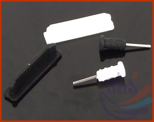 BLACK & WHITE SILIOCNE DOCK PLUG+HEADSET DUST CAPS COVERS FOR APPLE IPHONE 4 4S