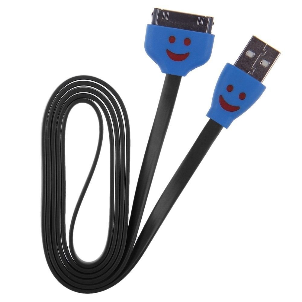 LED Smile Face USB Data Sync Charger Flat Cable Cord 1M 3ft for iPhone 4 4S iPod ( COLOR BLACK
