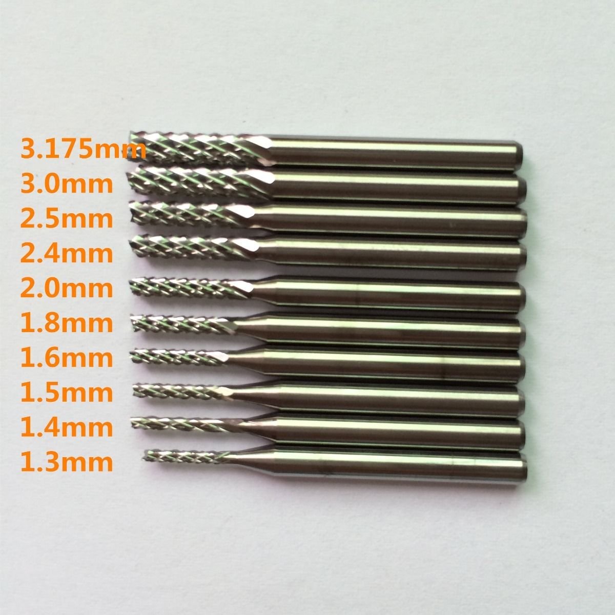 10pcs Carbide End Mill Engraving Bits for CNC PCB Rotary Burrs from1.3 to3.175mm