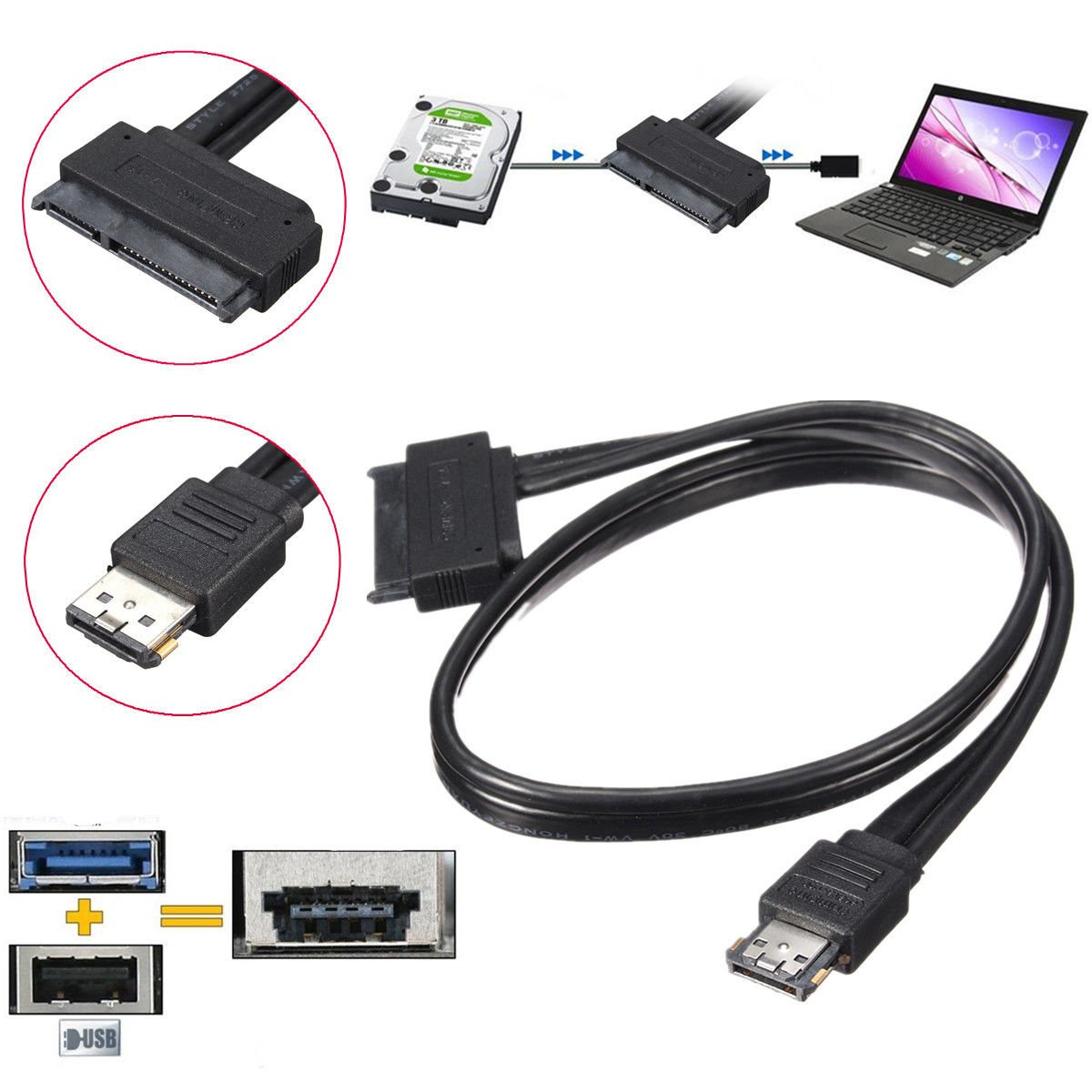 12V 5V Combo Power ESATA USB2.0 To 22Pin SATA Hard Disk HDD Drive Adapter Cable VW6