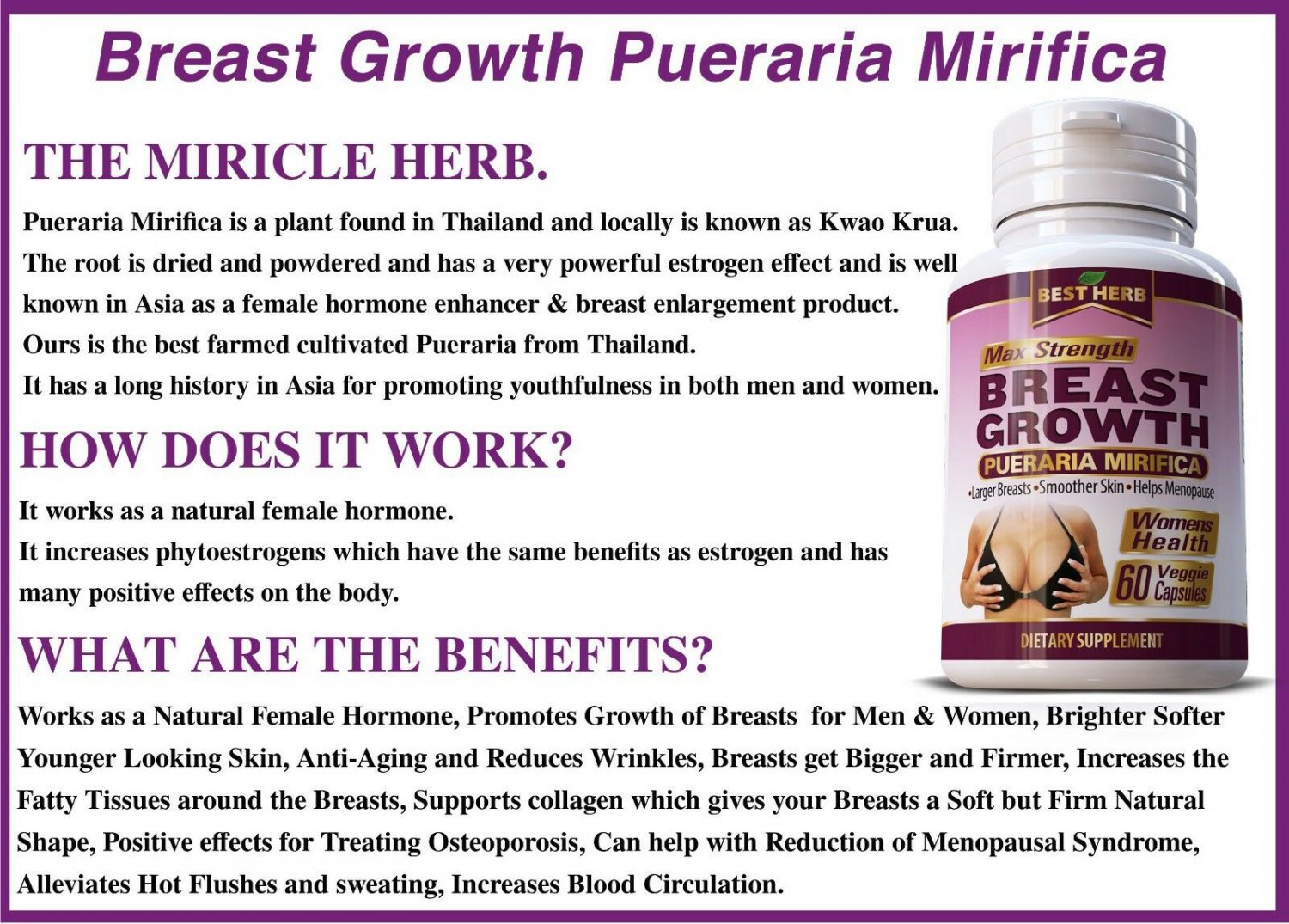 180 Capsules Pills Pueraria Mirifica Breast Growth Bust Enlargement