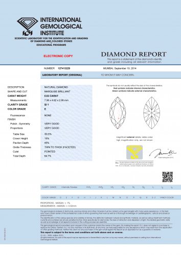 0.63 ct IGI Certified E SI1 Marquise Cut Natural Loose Diamond New