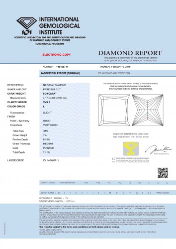 0.39 ct IGI Certified L VVS2 Princess Cut Natural Loose Diamond New
