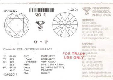 1.22 ct IGI Certified O-P VS1 Round Brilliant Natural Loose Diamond New