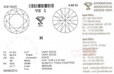 0.65 ct IGI Certified M VS1 Round Brilliant Natural Loose Diamond New
