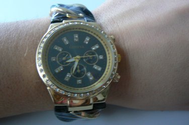 Geneva Quartz Watch with Diamonds Strips - Black / Gold