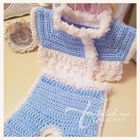 Crocheted Baby Boy Kimono Set in Blue and White Jeffrey