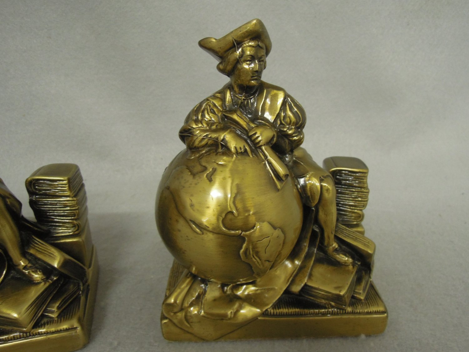 Christopher Columbus Bookends Brass World Globes Vintage
